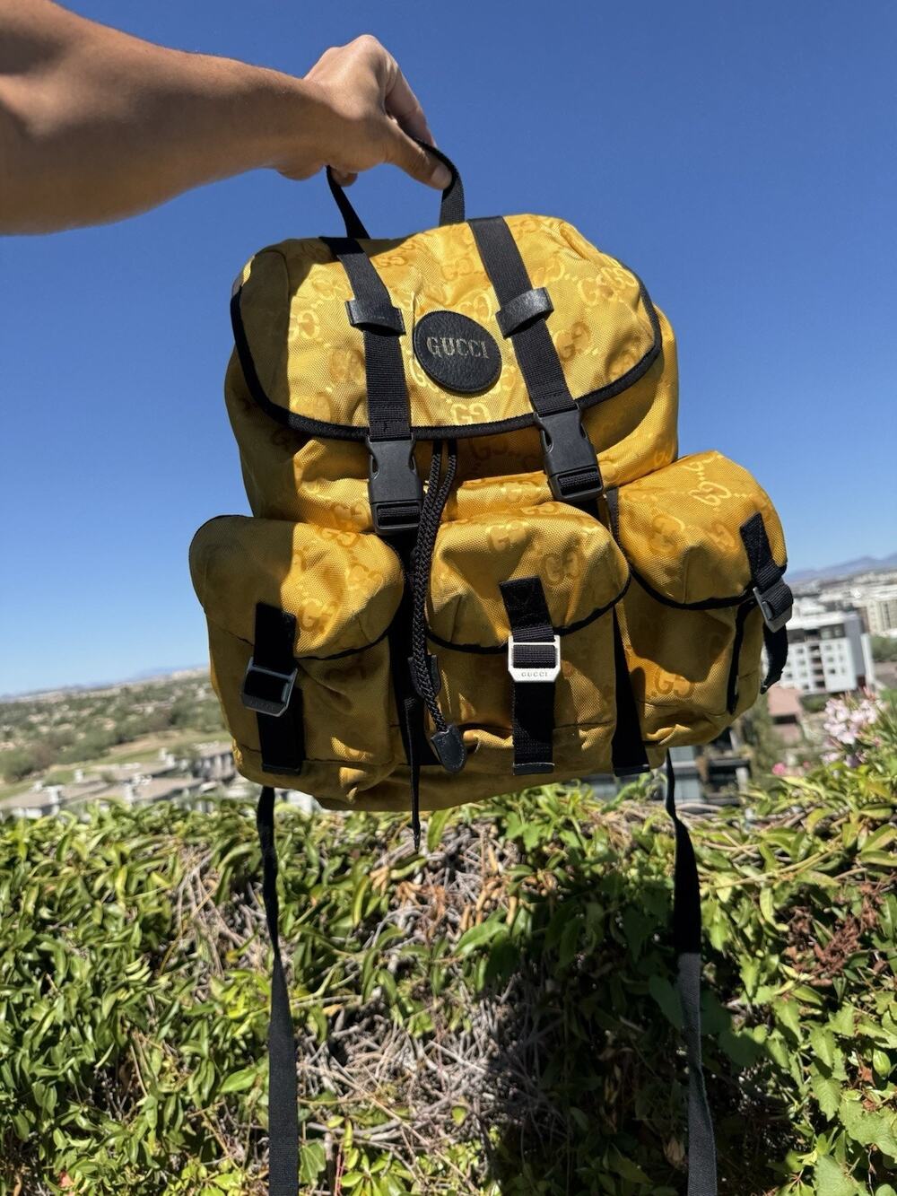 Gucci Off The Grid GG Nylon Backpack Yellow Utility Pocket Authentic